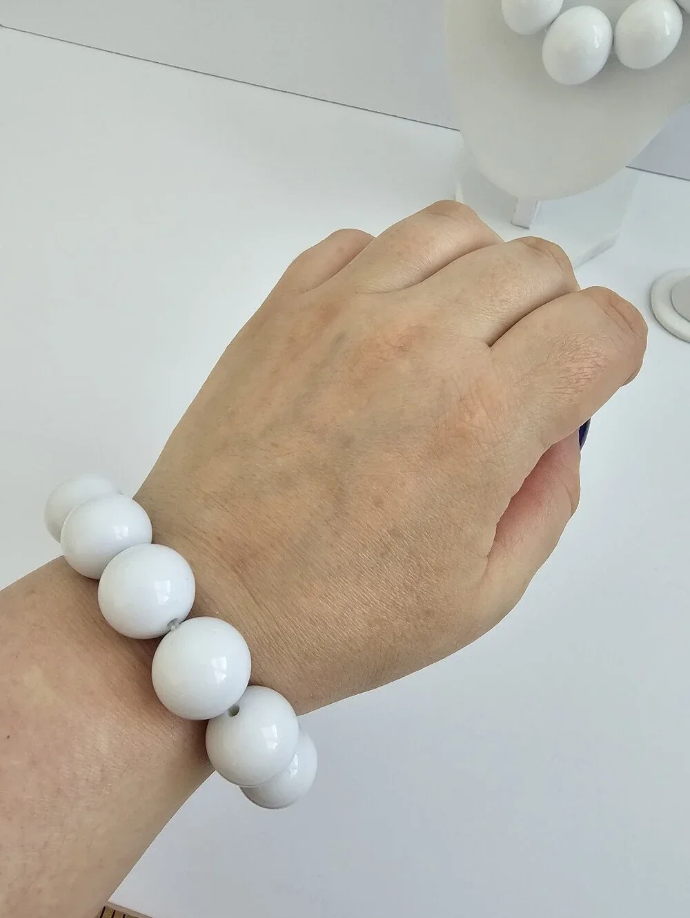 Opaque White Bead Statement Jewelry Set Necklace, Stretch Bracelet & Earrings